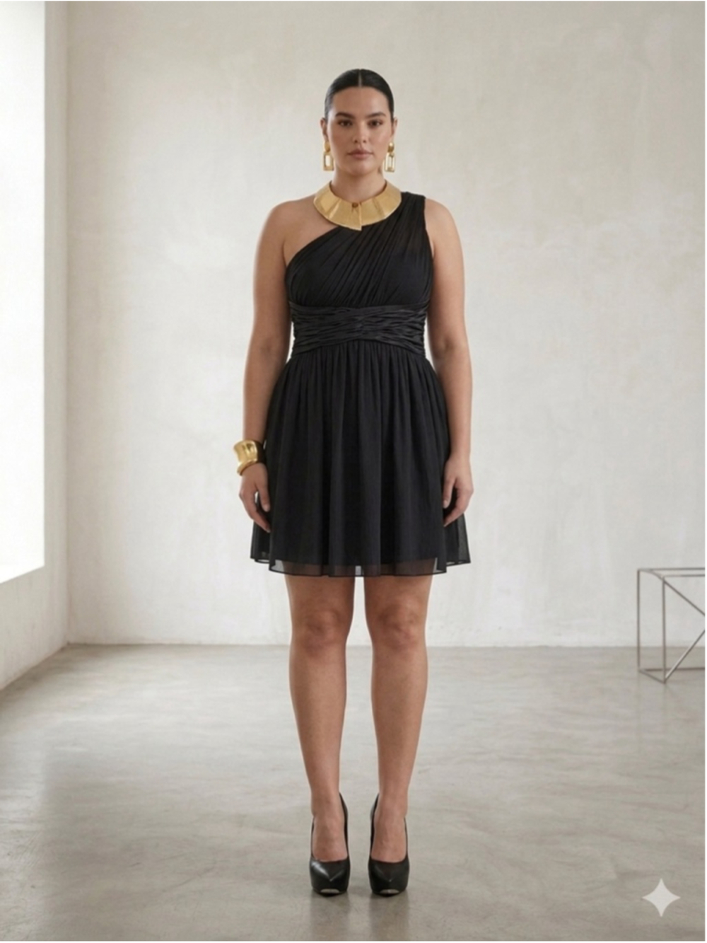 Maggy London 100% Silk Dress Sz 16 Black One Shoulder Ruching Cocktail Vintage